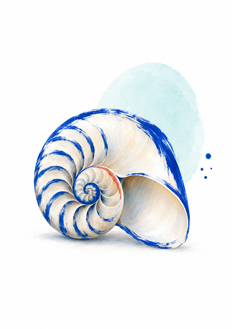 Cream-colored nautilus-like shell outlined in cobalt blue, with a small coral inner accent, pale aqua oval wash, and three blue flecks on white.