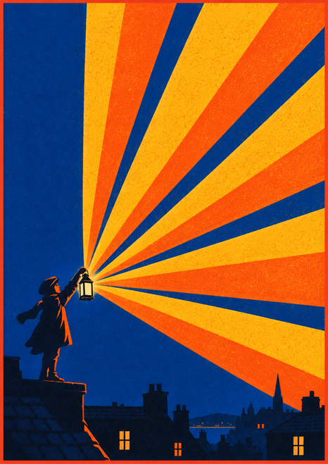 A silhouetted figure raises a lantern on a rooftop as orange and yellow rays fan across a cobalt sky above dark rooftops.