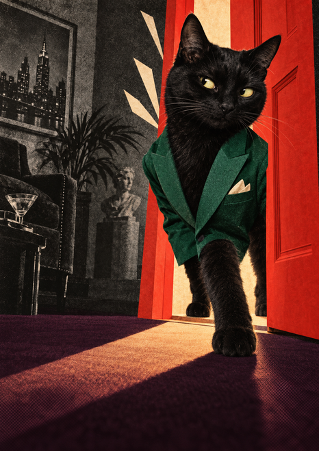 A black cat in a green jacket and cream pocket square steps through an open red doorway into a warmly lit room.