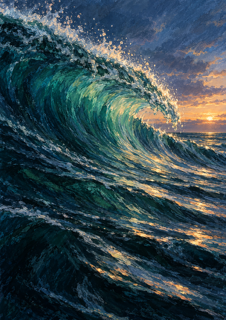 A large curling blue-green ocean wave with a foamy crest and warm sunset glow above dark water at dusk.