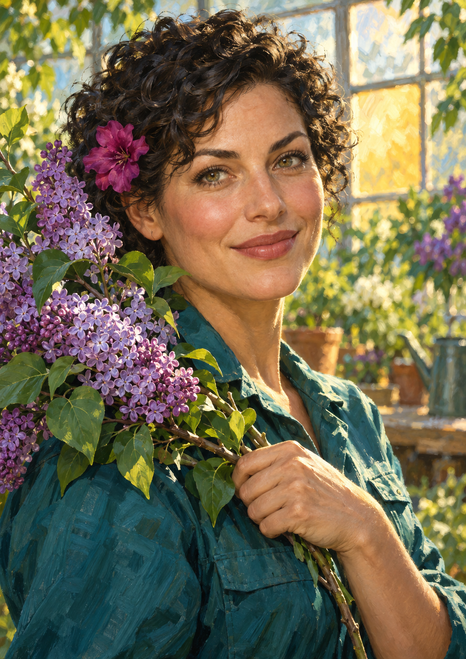 Smiling woman with short dark curls holding lilacs in a greenhouse, with a magenta flower tucked into her hair.