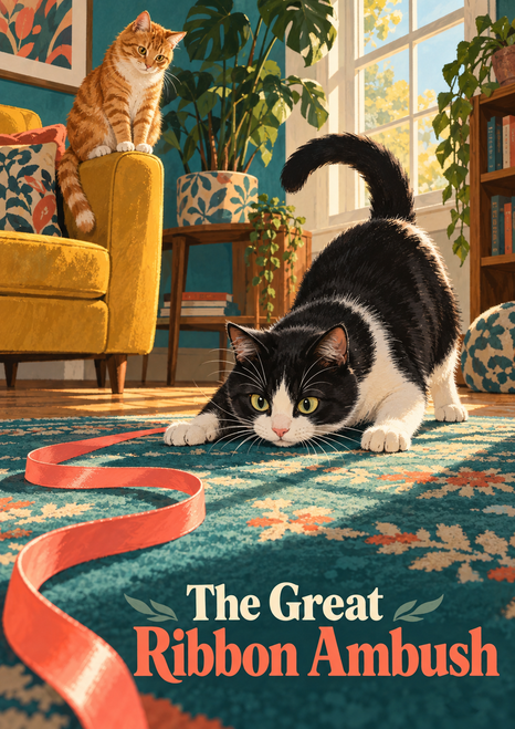 Black-and-white cat crouched over a coral ribbon on a teal rug as a ginger cat watches from a saffron chair; title lettering sits below.