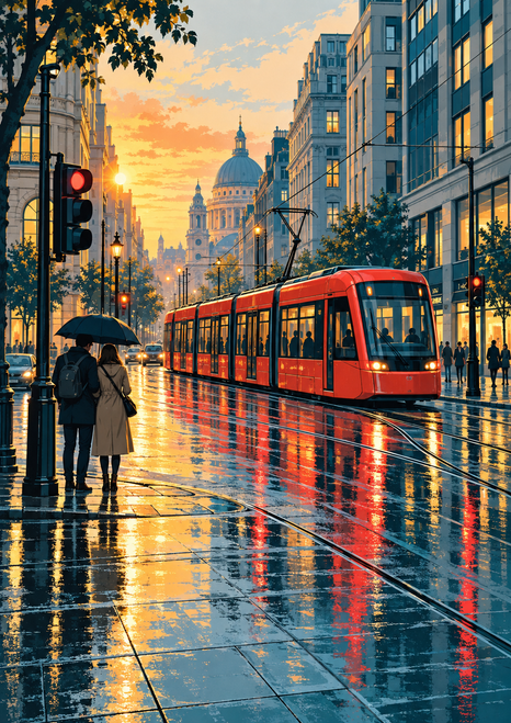 Vermilion tram crossing a rain-wet city intersection at sunset, with two people sharing an umbrella and reflections on the pavement.
