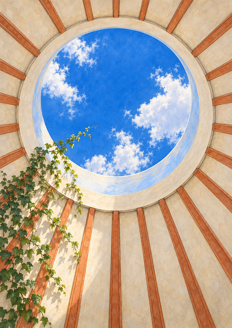 Circular cobalt-blue oculus and cloud-dotted sky framed by cream plaster and radiating terracotta roof ribs, with a vine climbing at lower left.