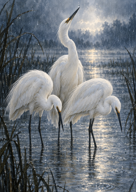 Three white egret-like birds stand in a rain pool, one stretching upward while two bend toward rippling water among dark reeds.
