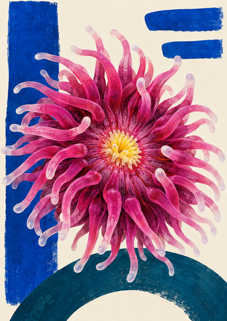 Large magenta sea-anemone-like form with curling tentacles and a yellow center over cobalt bars and a deep teal arc.