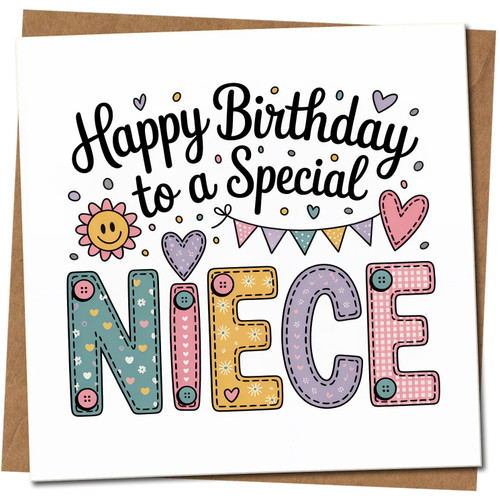 Niece Birthday Card - Happy Birthday to a Special Niece - Cute Hearts and Bunting Design - 145mm x 145mm Square -, Includes Kraft Envelope