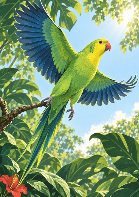 A green parakeet with a yellow face and blue-green wings spreads its wings above a branch amid tropical foliage and a red flower.