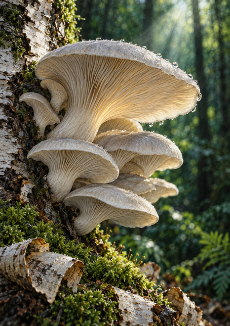 Cluster of pale, gilled oyster-like mushrooms growing from birch bark above moss, with a dark green woodland background.