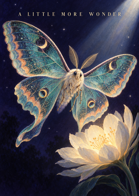 Large turquoise-and-apricot moth hovering above a pale flower against a star-speckled midnight-violet background, with the title A Little More Wonder at the top.