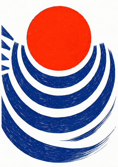 A red-orange disk sits above widening dark-blue curved bands and small wedge marks on a white background.