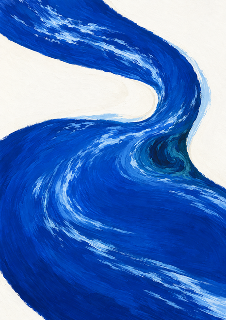Abstract ultramarine and cobalt river-like band curling around a white opening, with pale-blue current strokes and a dark teal eddy.