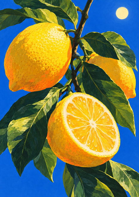 Three yellow lemons, including a cut half, hang among green leaves against a cobalt-blue background with a pale sun.