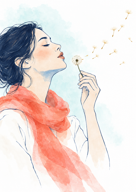 Watercolor-style profile of a woman in a coral scarf holding a dandelion seed head as loose seeds drift to the right.