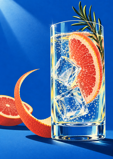 Cobalt-blue cocktail illustration of a ruby-pink grapefruit highball with ice, bubbles, rosemary, curved peel, and a cut grapefruit segment.