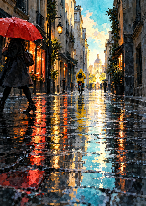 Yellow-jacketed cyclist rides away on a reflective wet city street, with a red umbrella pedestrian in the foreground and bright sky ahead.