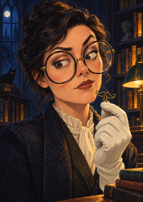 Woman with oversized round spectacles holds up a small gold moustache-shaped object in a dark library with a lamp and moonlit window.