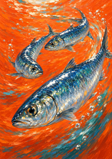 Three silvery-blue sardine-like fish turn through swirling orange water, with bubbles and bright scale highlights.