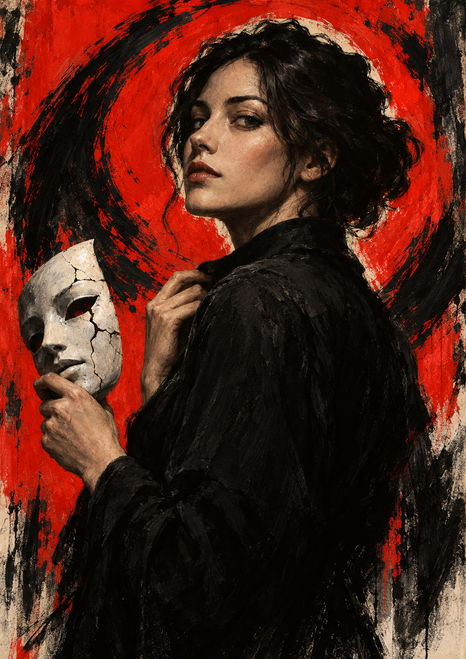 Adult dark-haired figure looking over one shoulder and holding a partly cropped cracked white theater mask against a vermilion and charcoal background.