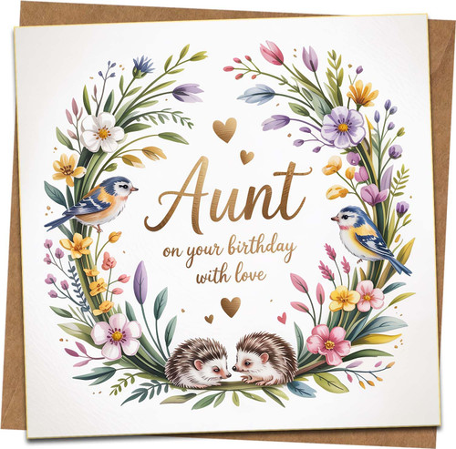 Aunt Birthday Card – Floral Wreath with Birds & Hedgehogs, ‘On Your Birthday With Love’ – 145mm x 145mm Square Greeting Card with Kraft Envelope