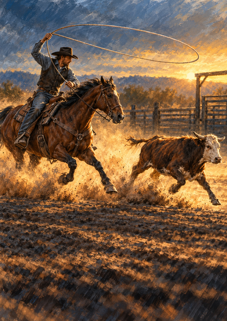 Mounted rider on a bay horse pursues a running steer beneath an overhead lariat loop in a dusty arena.