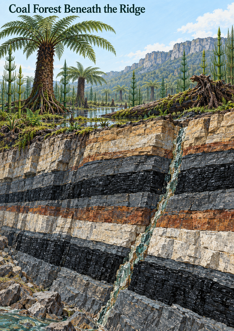A fern wetland rises above a geological cutaway showing dark seams, layered rock and a turquoise fissure.