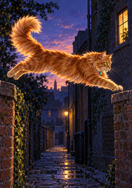 Long-haired ginger cat leaping between brick walls in a dusk alley, with a raised tail, turquoise tag, glowing windows, and wet cobbles.