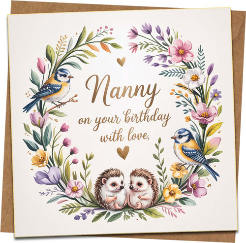 Nanny Birthday Card – 145mm Square Floral Wreath with Birds & Hedgehogs – Cute Grandmother Birthday Greeting – Quality Card with Kraft Envelope