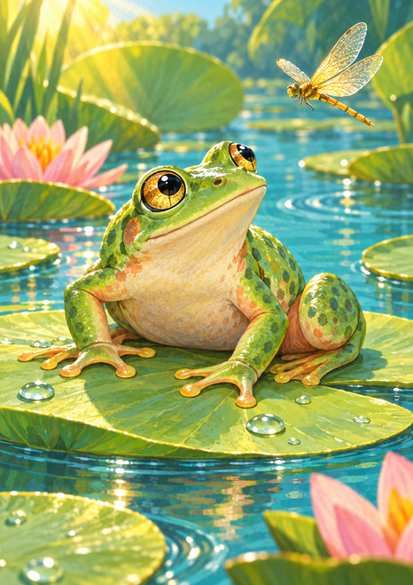 Green frog resting on a lily pad and looking toward a golden dragonfly above turquoise pond water, framed by leaves and pink flowers.