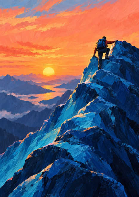 Small backpacked climber near the crest of a steep blue ridge above layered mountain valleys and water at sunrise.