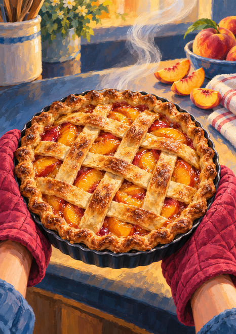 A golden lattice peach tart in a dark pan is held by red oven mitts as steam rises behind it.