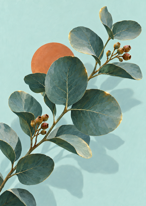 Branching eucalyptus-like sprig with rounded blue-gray leaves and amber-brown clusters against pale aqua, with a partly obscured terracotta sun disk.