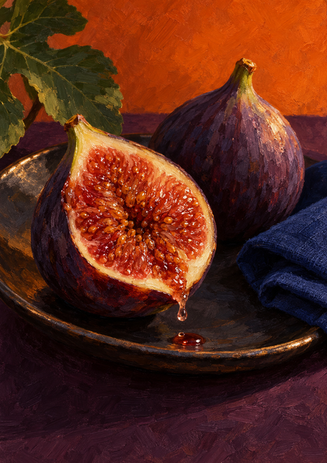 Cut ripe fig with a glossy red interior beside a whole purple fig on a dark plate, with blue cloth and leaves against an orange background.