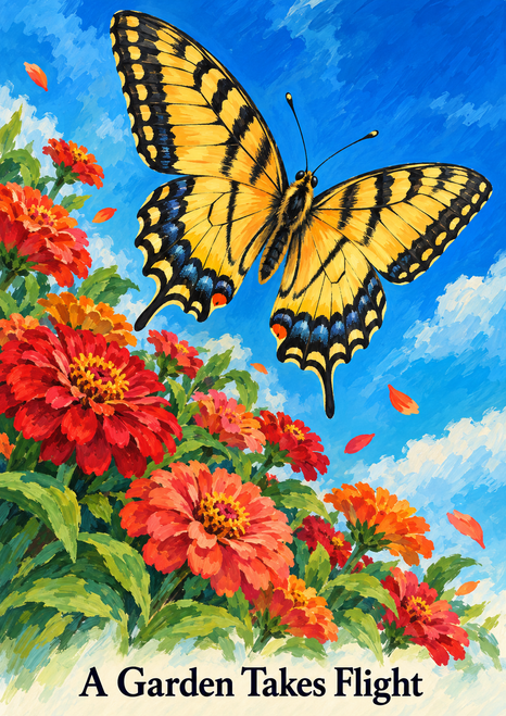 Golden-orange swallowtail butterfly flying above red and coral zinnias against a blue sky, with “A Garden Takes Flight” at the bottom.