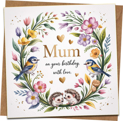 Mum Birthday Card – Floral Wreath with Birds & Hedgehogs, Gold Hearts Design, 145mm x 145mm Square, Includes Kraft Envelope, Cute Mother Birthday Greeting