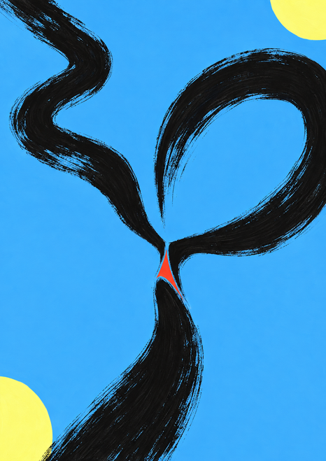 Three bold black paths converge around a red-orange wedge on blue, with pale yellow circles at opposite corners.
