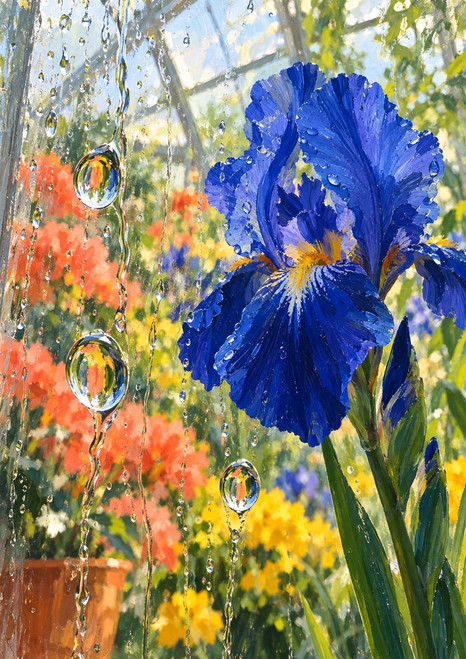 A large cobalt-blue iris fills the right side of a greenhouse view, seen through rain trails and droplets with blurred coral and yellow flowers behind it.