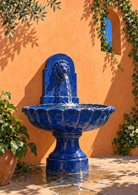 Cobalt-blue ceramic fountain with a lion-mask spout in a sunlit courtyard against an apricot wall and leafy arch.