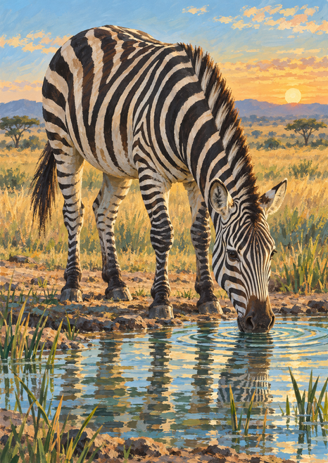 Black-and-ivory striped zebra lowering its head to drink from a reflective pool amid golden grassland at sunrise.
