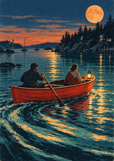 Two adults in a red-orange skiff cross teal water beneath an orange moon, with a glowing bow lantern and dark shoreline.