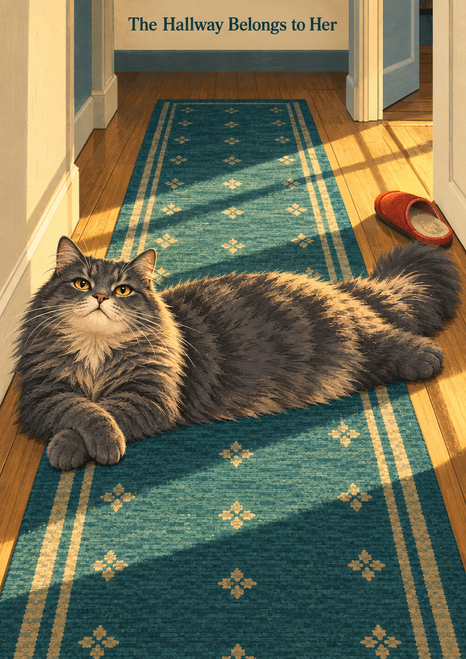 A fluffy gray cat sprawls across a teal hallway runner beneath the title The Hallway Belongs to Her, with a red-orange slipper nearby.