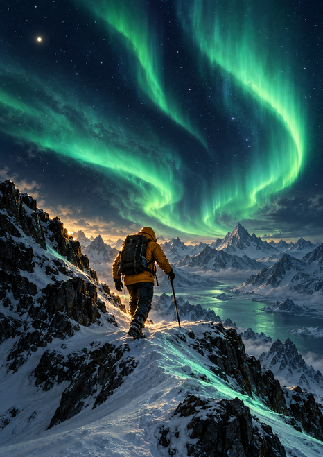 A lone backpacked explorer in an amber parka crosses a snowy mountain ridge beneath a vivid green aurora and deep navy sky.
