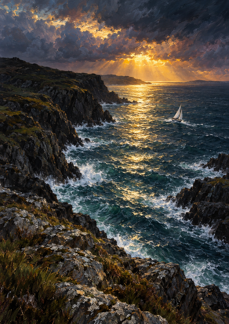 A small white-sailed boat crosses rough water in a rocky inlet beneath storm clouds opening to golden light.