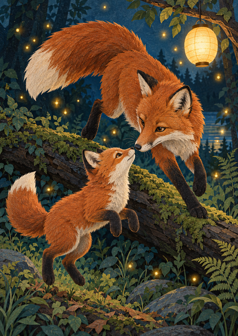 An adult red fox leaps above a mossy log toward a smaller kit beneath a glowing lantern in a dark woodland.