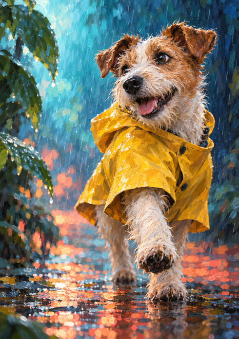 A shaggy terrier in a vivid yellow raincoat walks through rain with one front paw raised above reflective water.