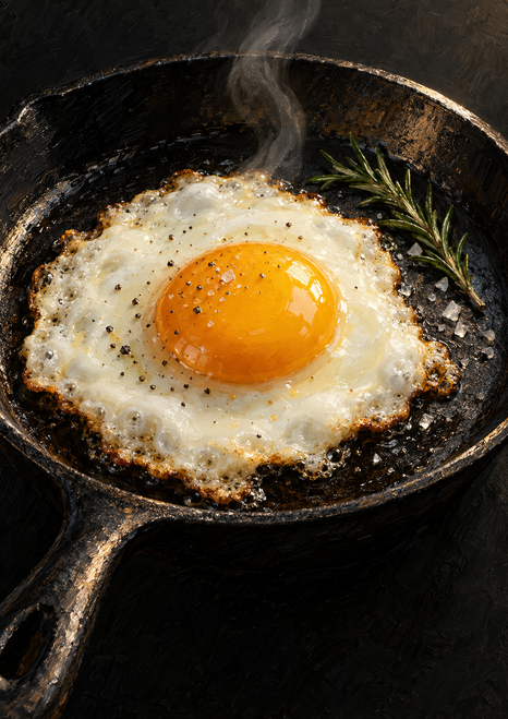 Sunny-side-up egg with a glossy golden yolk sizzling in a dark cast-iron skillet with rosemary, coarse salt, and rising steam.