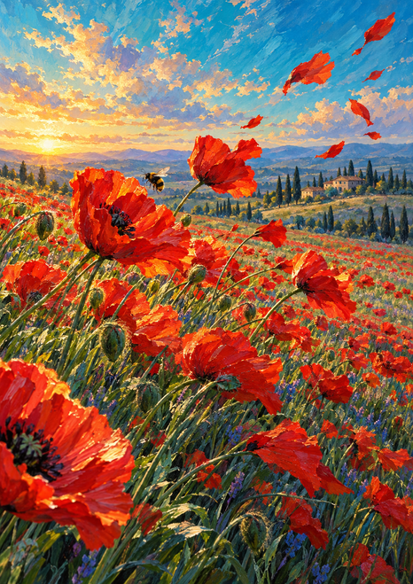 Scarlet poppies and windblown petals in a meadow beneath a turquoise sky, with a small bee and distant cypress trees.