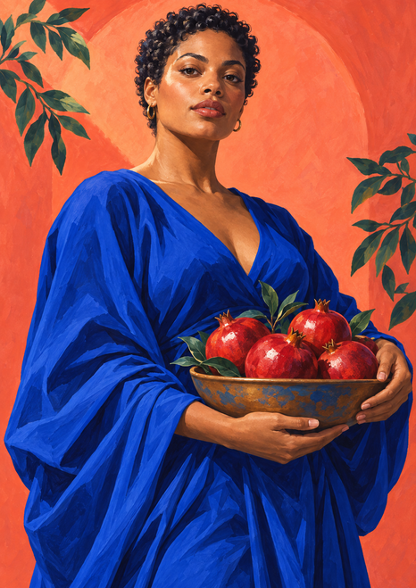 Adult woman in a vivid blue robe holding a bowl of red pomegranates against a coral background with green leaves.