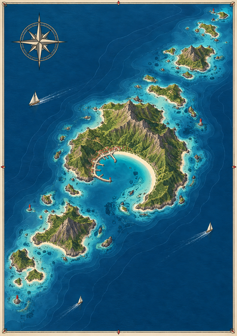 Illustrated nautical chart of green islands in deep-blue sea, centered on a crescent bay and harbor, with a compass rose and tiny sailing vessels.