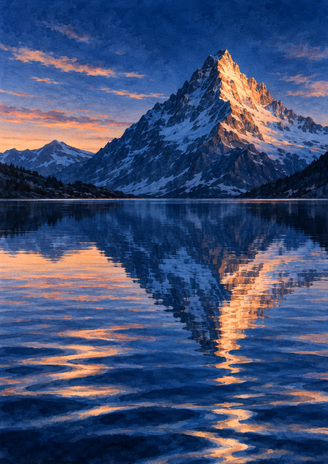 Warm-lit alpine peak reflected in a lake beneath peach-orange clouds and a deep blue sky, with smaller ridges to the left.